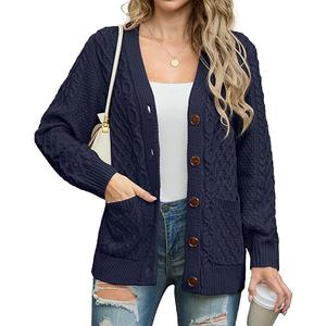 GRECERELLE Women 2025 Fall Long Sleeve Cable Knit Sweater Button Open Front Cardigan Loose Outerwear Coat with Pockets (Navy Blue, 2XL)