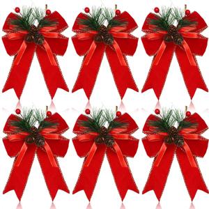 Syhood 6 Pcs Christmas Bows with Pine Cones Pine Needles Xmas Velvet Bows Red Ribbon Christmas Tree Wreath Decoration for Xmas Parties Indoor Outdoor Crafts DIY Decor