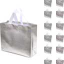 Set of 12 Glossy Reusable Grocery Bags Reusable Bags with Handles Bachelorette Gift Bag Non-Woven Bridesmaid Bag for Women Birthday Wedding Party Mother's Day Christmas Silver