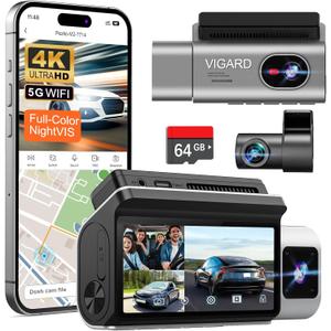 3 Channel 4K Dash Cam, High-Performance Image Sensor, 170° 2K Fisheye Cabin & 2K Rear, WiFi GPS, Night Vision, Parking Monitor, Touch Screen, 64GB Card Included