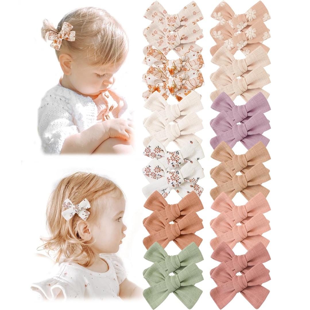 Niceye Baby Hair Clips - 24 Pcs Fully Lined Hair Bow Clips for Fine Hair Cotton Tiny Hair Barrettes for Infants, Toddlers, and Little Girls (White)