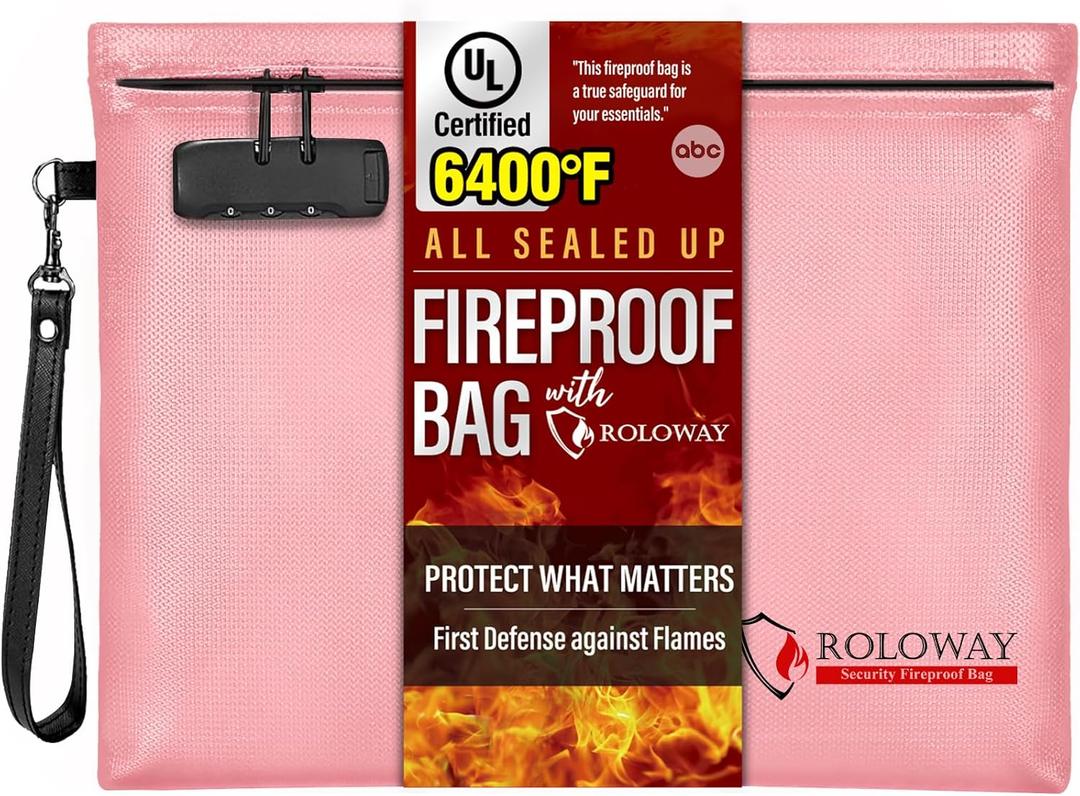 ROLOWAY Fireproof Document Bag (14.5 x 11.5 inch), 6400 Fireproof Money Bag with Zipper for Cash, Fire Safe Money Pouch with Lock (Pink)