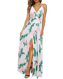 Newshows Women's Summer V Neck Spaghetti Strap Sleeveless Casual Split Long Maxi Dress (Floral 24, Small)
