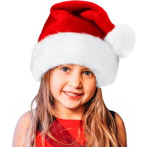 BOSONER Santa Hat,Xmas Holiday Hat for Kids,Unisex Velvet Comfort Christmas Hats Extra Thicken Classic Fur for Christmas New Year Festive Holiday Party Supplies (1pcs)