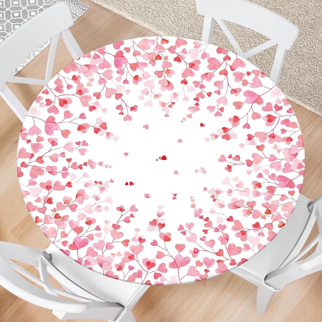 Valentines Day Round Fitted Tablecloth with Elastic Pink Love Heart Outdoor Tablecloth Anniversary Waterproof Table Cover for Picnic Dinner Party Decor Fits 40"-44" Diameter Round Tables