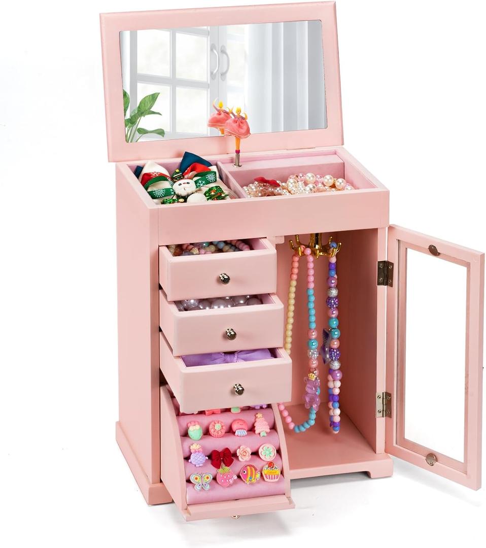 Miratino Musical Jewelry Box for Girls, Kids Jewelry Box with Spinning Dancer, 5 Layer Large Wooden Music Jewelry Boxes & Organizers Gifts for Little Girl Toddler Christmas Birthday(Pink)