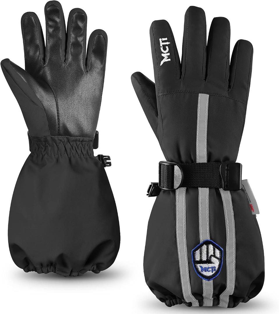 MCTi Kids Gloves Waterproof Winter Warm Snow Ski Gloves Long Cuff Fleece Lined with Reflective Strap (Black, XS)