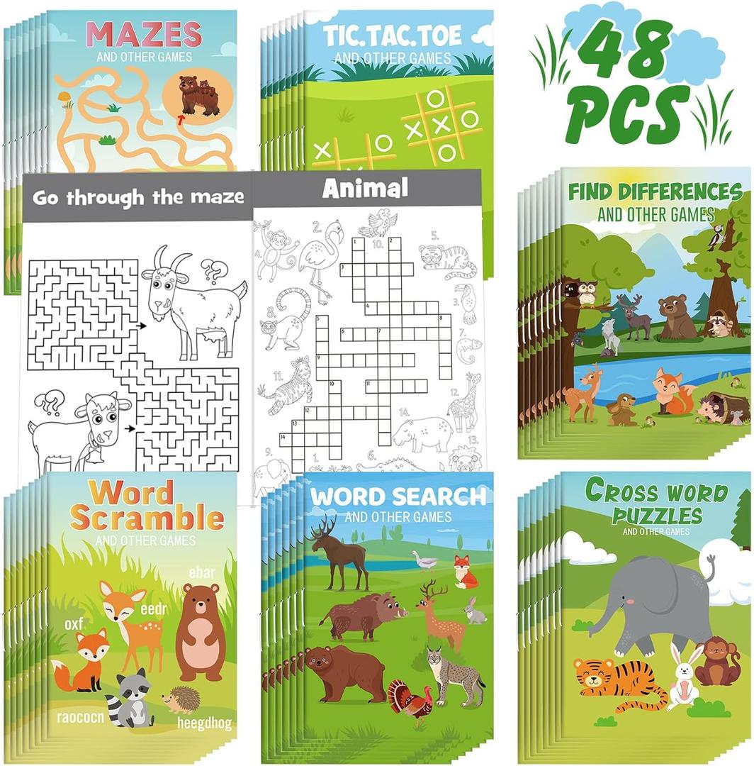 Hungdao 48 Pcs Woodland Animals Mini Activity Books for Boys and Girls, Fun and Games, Challenging Activities Include Mazes, Word Scramble and More Bulk Gifts for Students Party Classroom