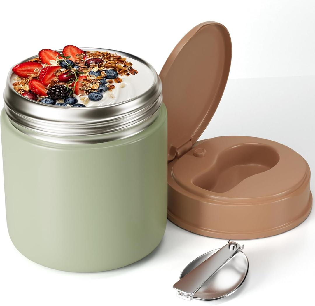 Insulated Food Jar for Kids - 15.2 Oz, Thermo for Hot Food, Soup Thermo, Insulated Food Container, Termos Para Comida Caliente, Width Mouth Stainless Steel Lunch Box with Spoon, Green