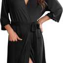 Ekouaer Robes for Women Knee Length Kimono Bathrobe Lightweight 3/4 Sleeve Sleepwear Soft Loungewear with Pockets S-XXL (Medium, Black)