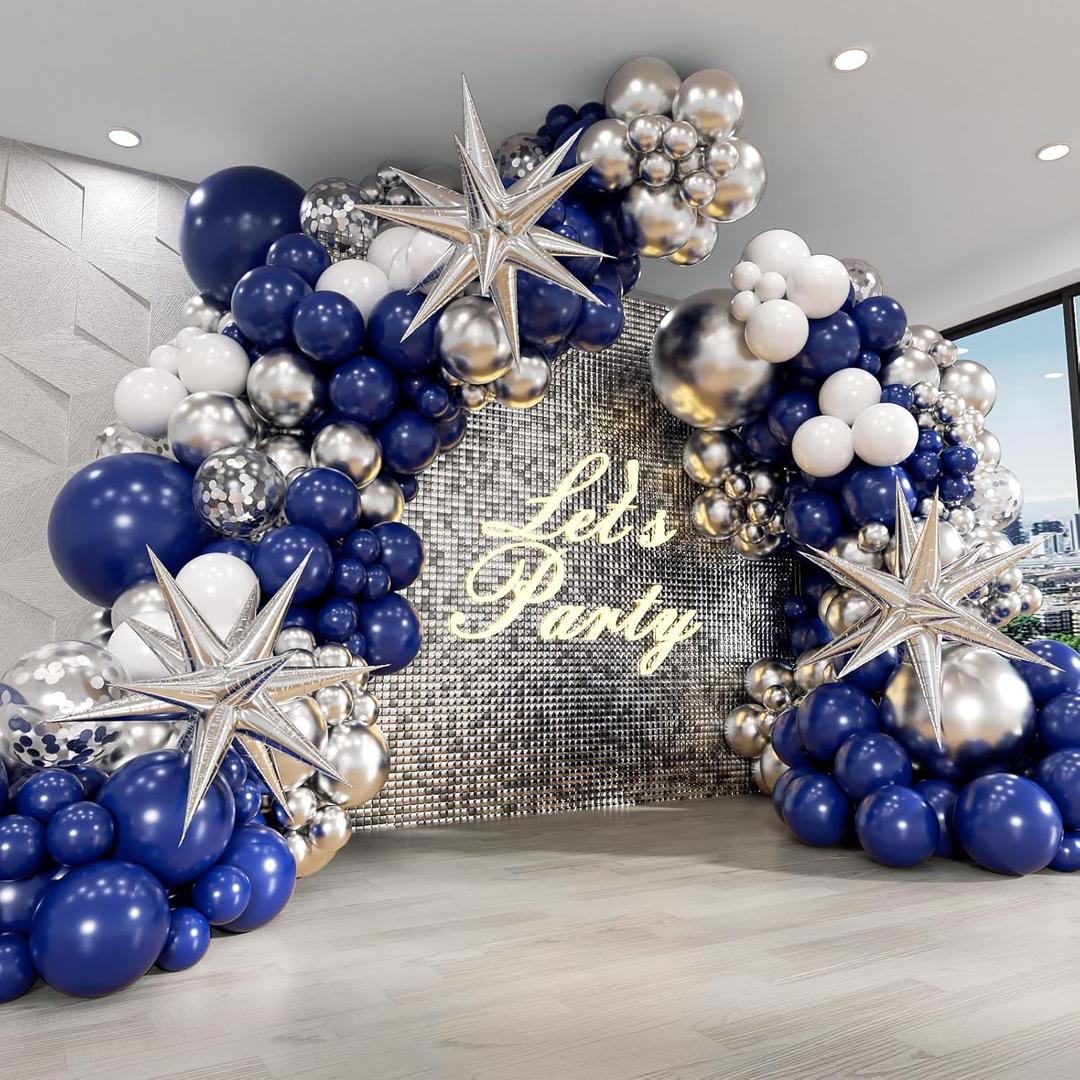 130pcs Navy Blue and Silver Balloon Garland Arch Kit with 3pcs Silver Star Balloons, Royal Blue Metallic Silver White Balloons for Birthday Baby Shower Wedding Graduation Party Decorations