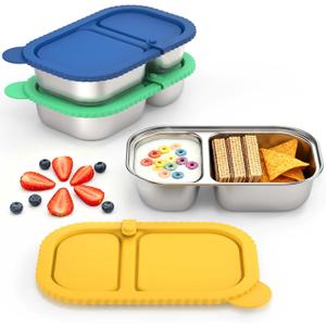 3 Pack Reusable Stainless Steel Snack Containers, Capacity Upgrade 2 Compartment Snack Containers with Lids, Reusable Food Storage Containers with Lids for Travel, Outdoor, Camping (Blue&Green&Yellow)