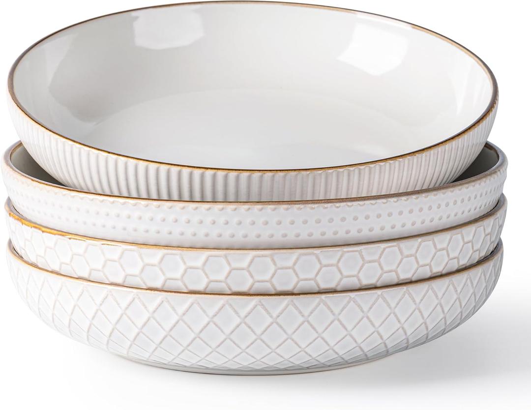 GBHOME 9.5'' Large Pasta Bowls, 42 Ounce Stoneware Salad Bowls for Kitchen, Ceramic Serving Bowls With Textured Pattern for Pasta, Fruit, Stews, Noodle, House-warming Gift, Set of 4-Off White