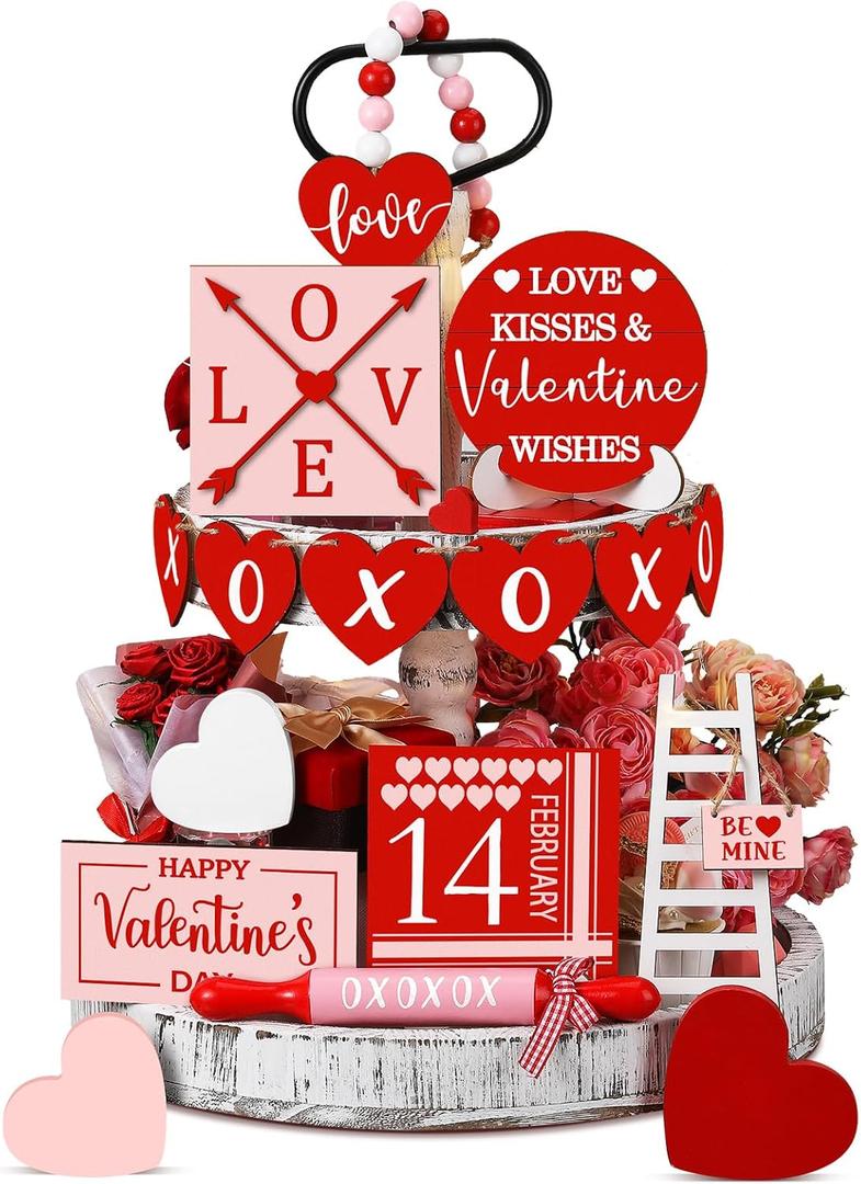 Spiareal 15 Pcs Valentine's Day Tiered Tray Decor Set Red Heart Love Wooden Signs Rustic Farmhouse Tray Signs Valentine Day Table Decorations for Romantic XOXO Home Kitchen Shelf Decor(Red, Pink)
