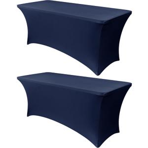 Obstal 8Ft Stretch Spandex Table Cover for Standard Folding Tables - 2 Pack Universal Rectangular Fitted Tablecloth for Party, Banquet, Events, Trade Show (Navy Blue, 96L x 30W x 30H Inches)