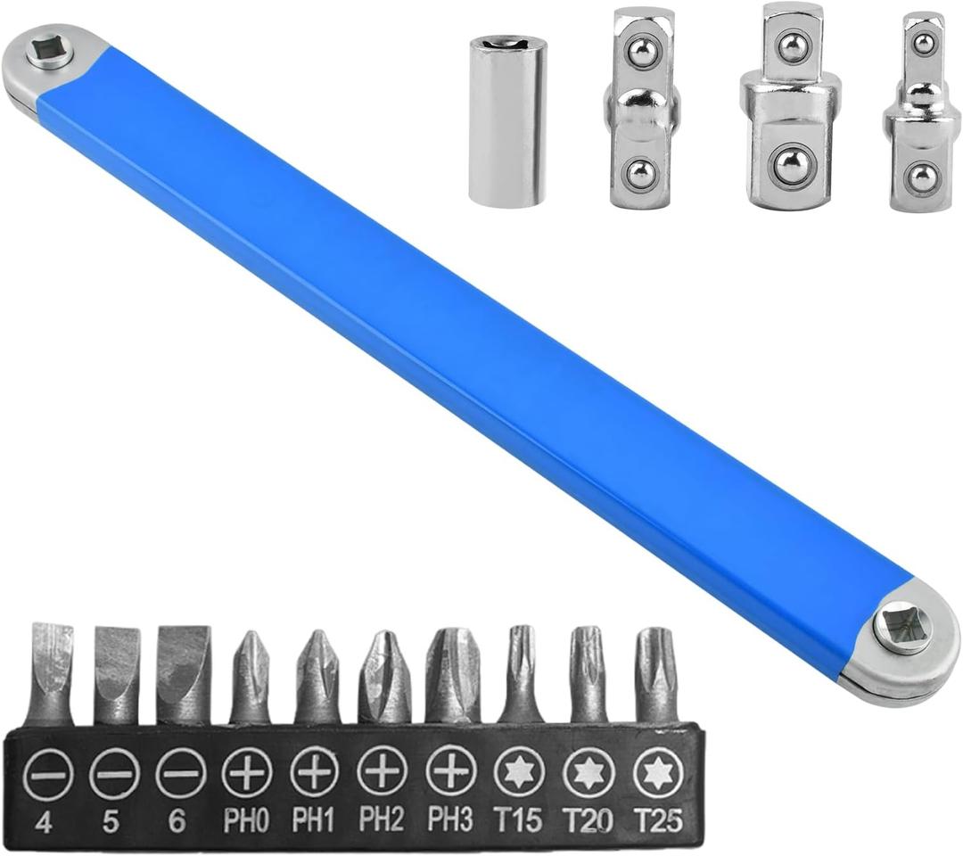 Impact Ready Offset Extension Wrench Set, Zero Degree Ratchet Extender with 1/4, 3/8, 1/2 Square Drive Adapters for Tight Spaces & Car Maintenance(Blue)