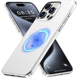 GRECAZO Magnetic Ultra Thin Frosted Designed for iPhone 15 Pro Max Phone Case 6.7 inch(2023) Slim Minimalist Lightweight Matte Hard PC Compatible with MagSafe Cover Protective Bumper Case- Silvery