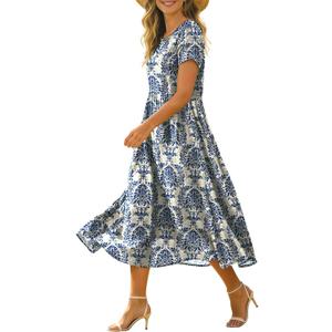 Women's Summer Casual Loose Dresses Cotton Boho Floral Midi Dress for Women Beach Vacation with Pockets HD1, M