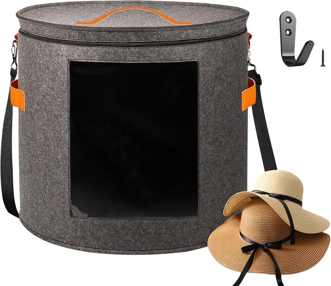 kushon Oversized Hat Storage Box for Women & Men19" D x 17" H Cowboy Hat Boxes with 1 Wood Hook Felt travel Round Hat Organizer Box with Dustproof Lid (Gray)