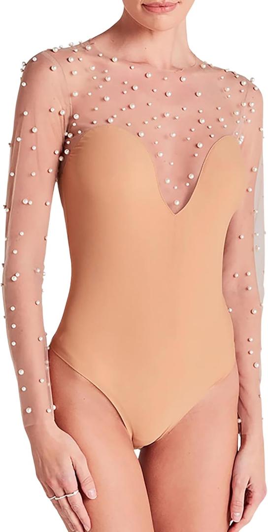 CORIRESHA Women's Chic Pearls Top Long Sleeve Crewneck Sheer Mesh Bodysuit Clubwear (Large)