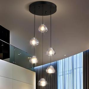 6-Light Crystal Staircase Chandelier, Modern Black Ceiling Light Fixture Pendant Light with Bubble Shades, Adjustable Long Chandelier for Foyer Kitchen Bedroom and Living Room