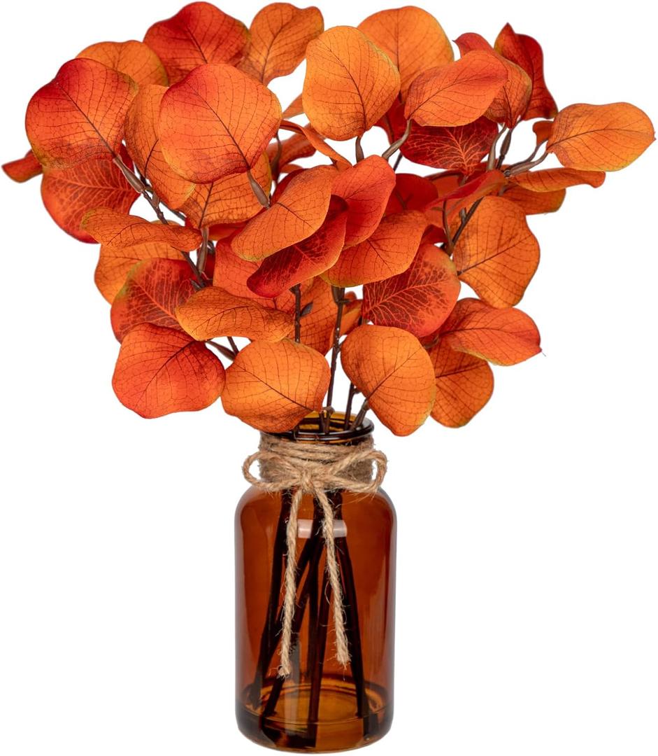 Briful Artificial Eucalyptus Stems in Amber Glass Vase with Faux Water, 14" Fake Fall Plant Autumn Eucalyptus Leaves for Home Farmhouse Wedding Centerpiece Bathroom Dcor (Orangered)