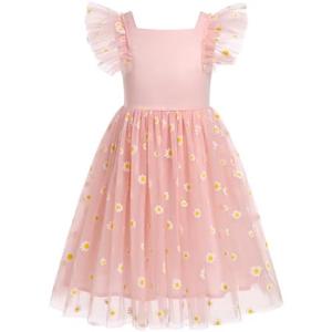 OBEEII Toddler Flower Girl Dress Ruffled Sleeve A-line Tulle Dress Little Girl Summer Wedding Pageant Birthday Party Dress 6-7 Y, Pink Daisy