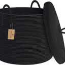 18" X 14" Large Black Basket with Lid, Cotton Rope Storage Basket for Blanket, Toy, Pillow, Towel, Living Room Bedroom Storage Bin, Wicker Woven All Black Organizing Bin with Cover