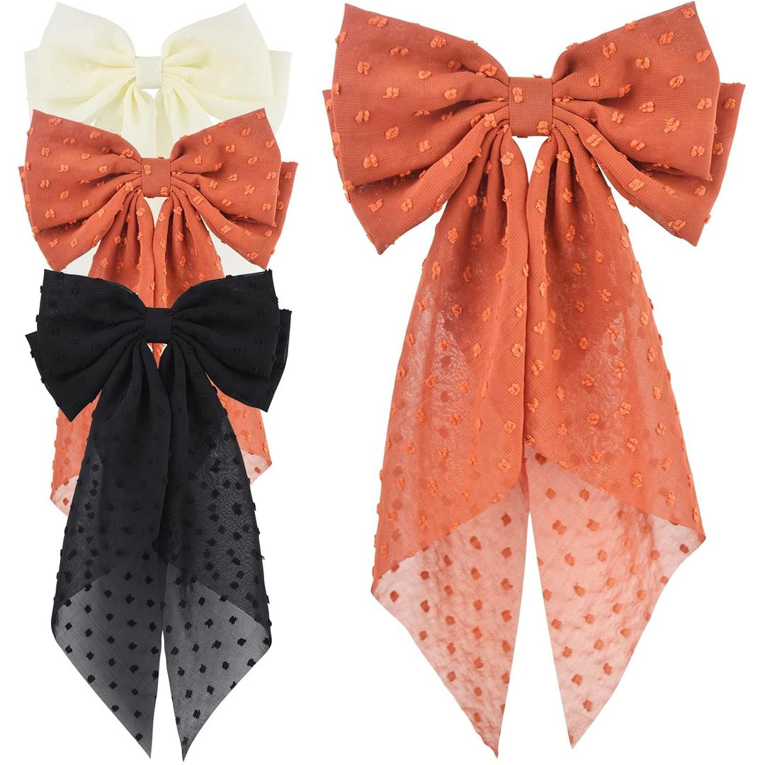 3 Pcs Large Lace Hair Bows for Women Girls Brown Beige Black Swiss Dot Bows Hair Clips with Long Tail Cute Hair Barrette Accessories for Valentine's Day Hair Decor Gifts