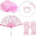obmwang 5 Pieces Girls Tea Party Supplies Tea Party Gloves Hats Girls Kids Tea Party Necklace Fan for Girls Tea Party Costume (Pink)
