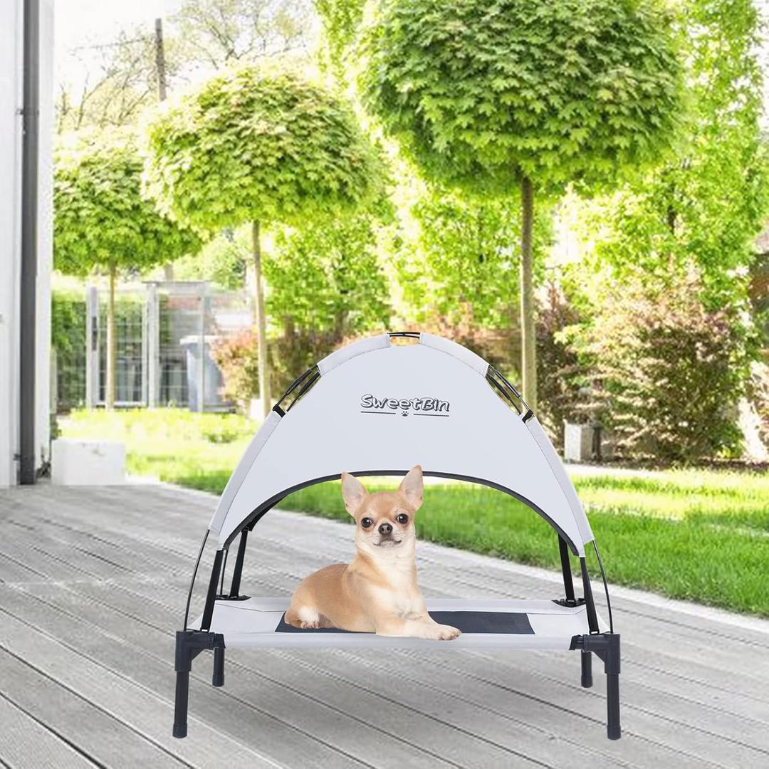 S/M/L Outdoor Elevated Dog Cot with Canopy & Side Shade for Camping Small Medium Dogs (Carry Bag), Portable Cooling Raised Dog Bed with and Side for Beach (M (24"x18"x24"), Grey)