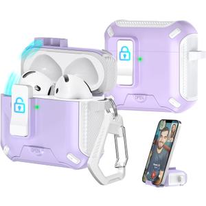 R-fun Compatible with AirPods 4th Generation 2024 Headphone Cases, Fully Drop Proof Auto Eject Protective Cover Design, New Charging Port Dust and Stand Design?White+Purple