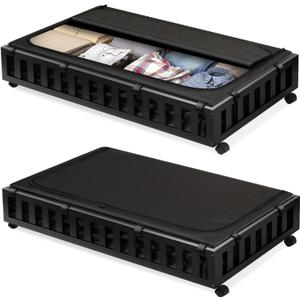 2 Pack Bamboo Under Bed Storage with Wheels, 39x20x7.8 Lager Under Bed Storage Containers (Black)