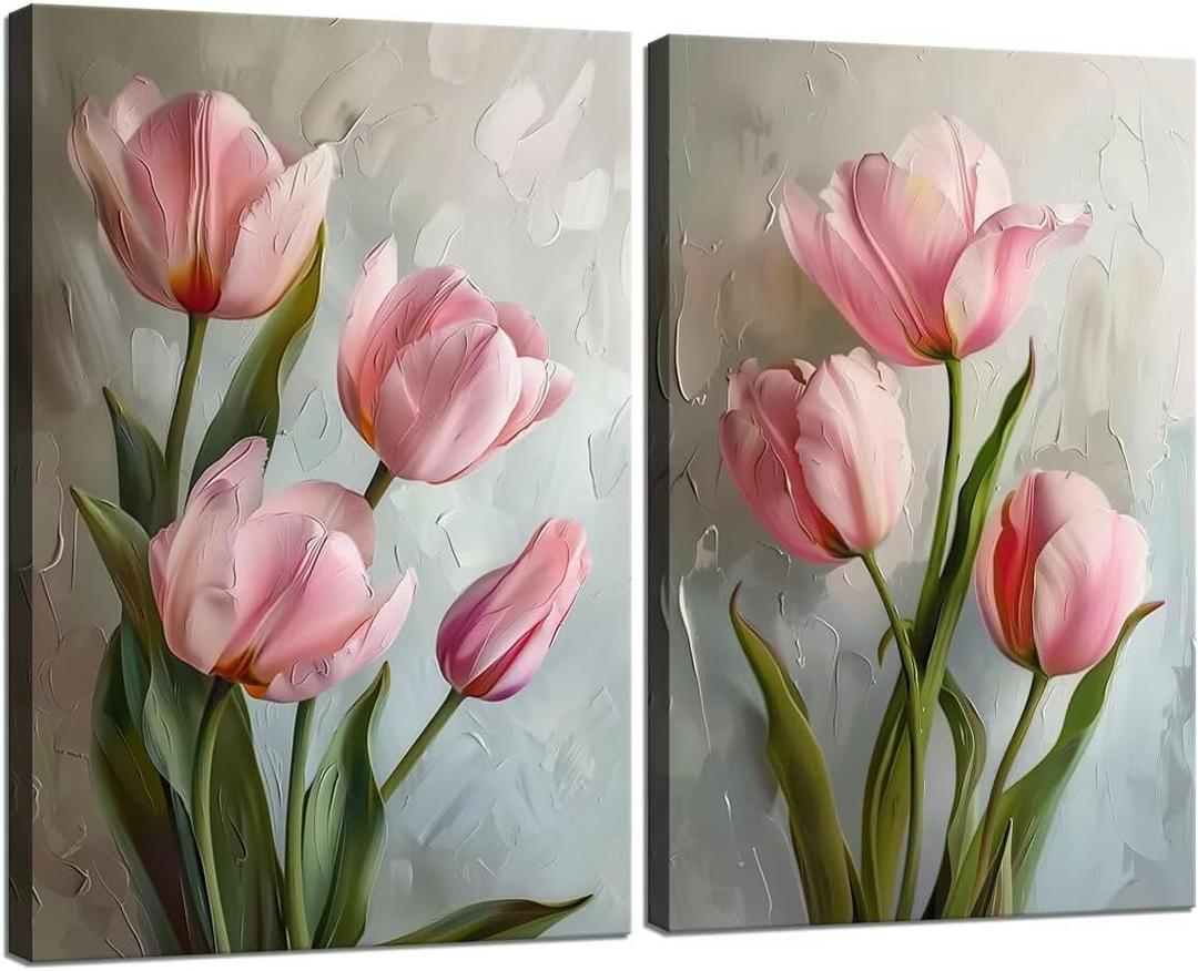 Pankila Tulip Floral Wall Art Pink Tulip Pictures Canvas Prints Abstract Tulip Flower Wall Decor for Living Room Bedroom Bathroom Office Home Decorations Framed Artwork (16''W X 24''H X 2Pcs)
