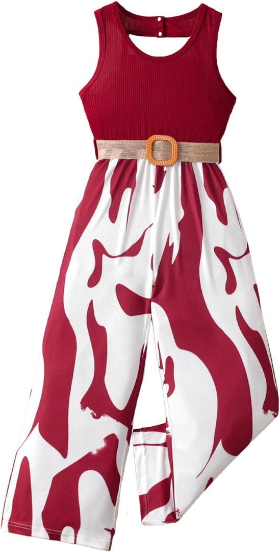 Girl Romper Pants Sleeveless Jumpsuit With Belted (X-Large, Red)
