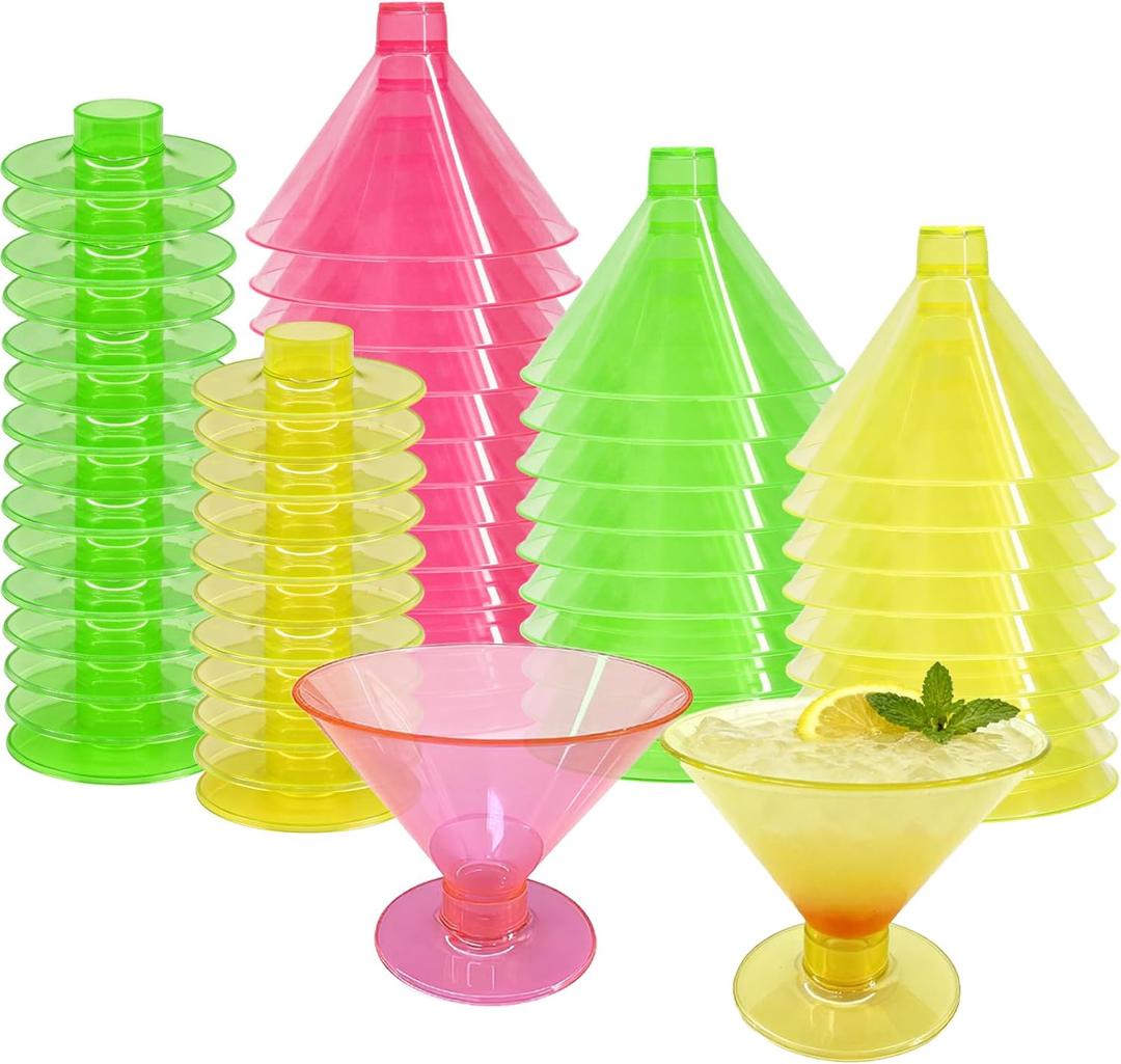 Neon Glow Party Supplies Glow in the Dark Disposable Plastic Martini Glasses - 54 Pack 5oz BPA-Free Cups with Removable Base, Reusable Plastic Martini Glasses for Party, Wedding, Halloween