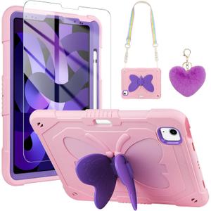 WESADN for iPad Air 5th Generation Case iPad Pro 11 Inch Case 4th/3rd/2nd/1st with Screen Protector/Butterfly Kickstand/Strap/Keychain/Pencil Holder for Kids Girls Cases for iPad Air 4 Pink Purple