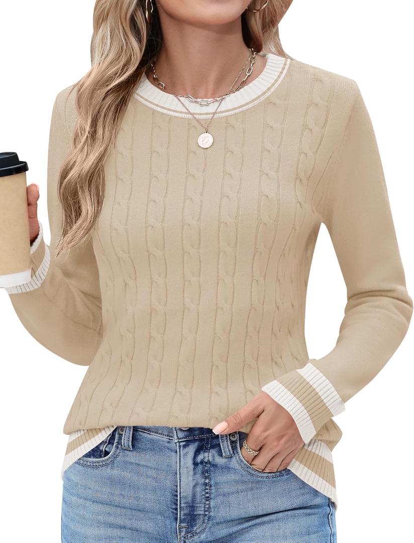Rapbin Sweaters for Women Long Sleeve Crew Neck Ribbed Knit Pullover Tops Loose Casual Basic Winter Outfits (Small, A_apricot White Stripe)