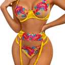 Kaei&Shi Lingerie Garter Set,Underwire Floral Embroidered Sheer Lace Lingerie,3 Piece Sexy Boudoir Outfits Valentines Day (2-4, Mustard Yellow)