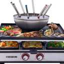 Electric Fondue Pot Set, 600ML Fondue Pot with Grill Plate, 8 Color-Coded Forks, 8 Non-Stick Pans, Dual Thermostat Fondue Grill Combo for Chocolate, Cheese, Grilling (Square)