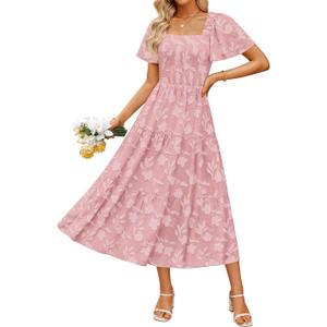 ZESICA Womens Summer Boho Floral Midi Dress 2025 Casual Short Sleeve Square Neck Flowy Beach Vacation Long Dress (Small, Pink)