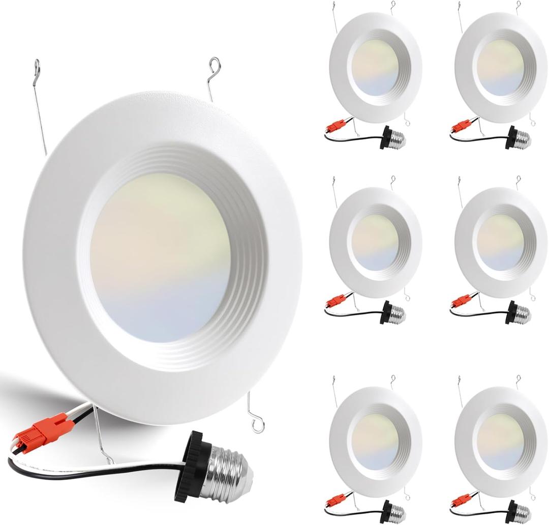 6 Pack 5/6 Inch 5CCT LED Recessed Lighting Retrofit, 2700K/3000K/4000K/5000K/6500K Selectable, Dimmable Can Lights with Baffle Trim, 12W=100W, High Brightness 1000LM, IC& Wet Rated, ETL&FCC Certified