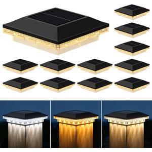 Brightever 4x4 Solar Post Cap Lights Outdoor with 3 Lighting Modes, 12-Pack Solar Powered Fence Post Lights Waterproof Fits Wooden/Vinyl Posts, Solar Deck Post Lights for Garden Patio Porch, Black