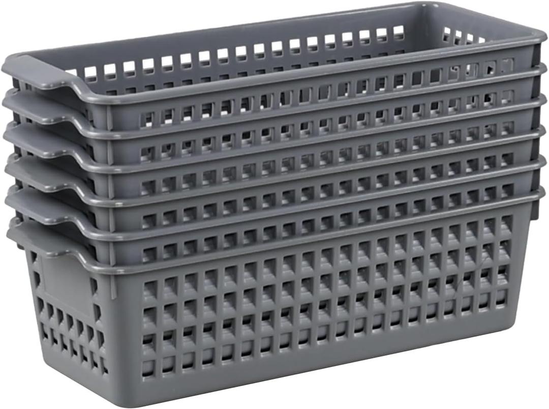 Set of 6 Silm Plastic Storage Baskets, Slim Plastic StorageTrays, Gray