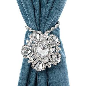 Magnetic Curtain Tiebacks Sparkling Flower Curtain Clips Holdback Buckles Tie Backs Drapery Holders with Stretchable Spring Wire for Home Office Decoration Silver- 2 Pack