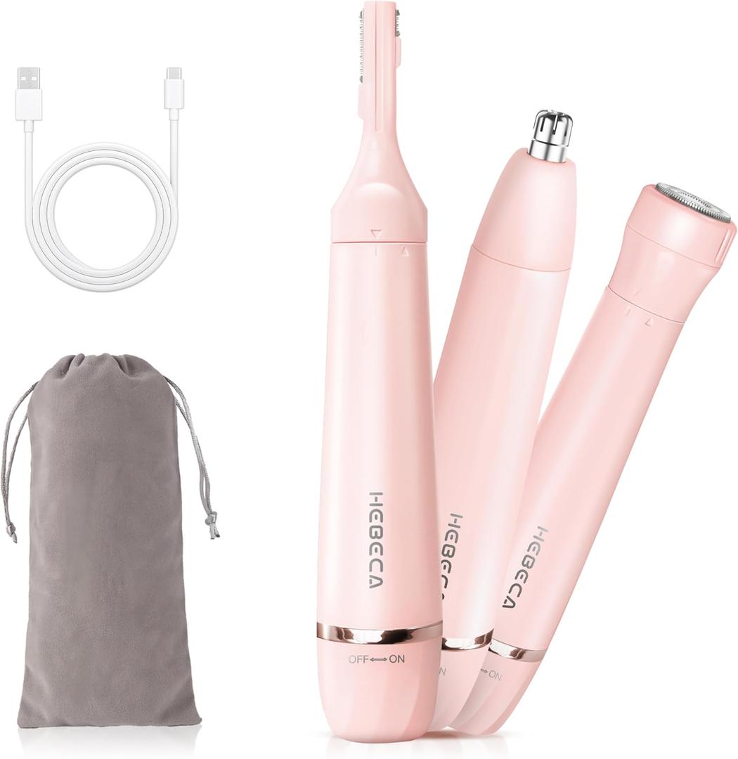 HEBECA Nose Hair Trimmer for Women, 3in1 Electric Eyebrow Trimmer Waterproof Facial Hair Removal Rechargeable Hair Shaver Razor for Nose Ear Eyebrow Peach-Fuzz Lips Chin FT3001 Pink (Pink)