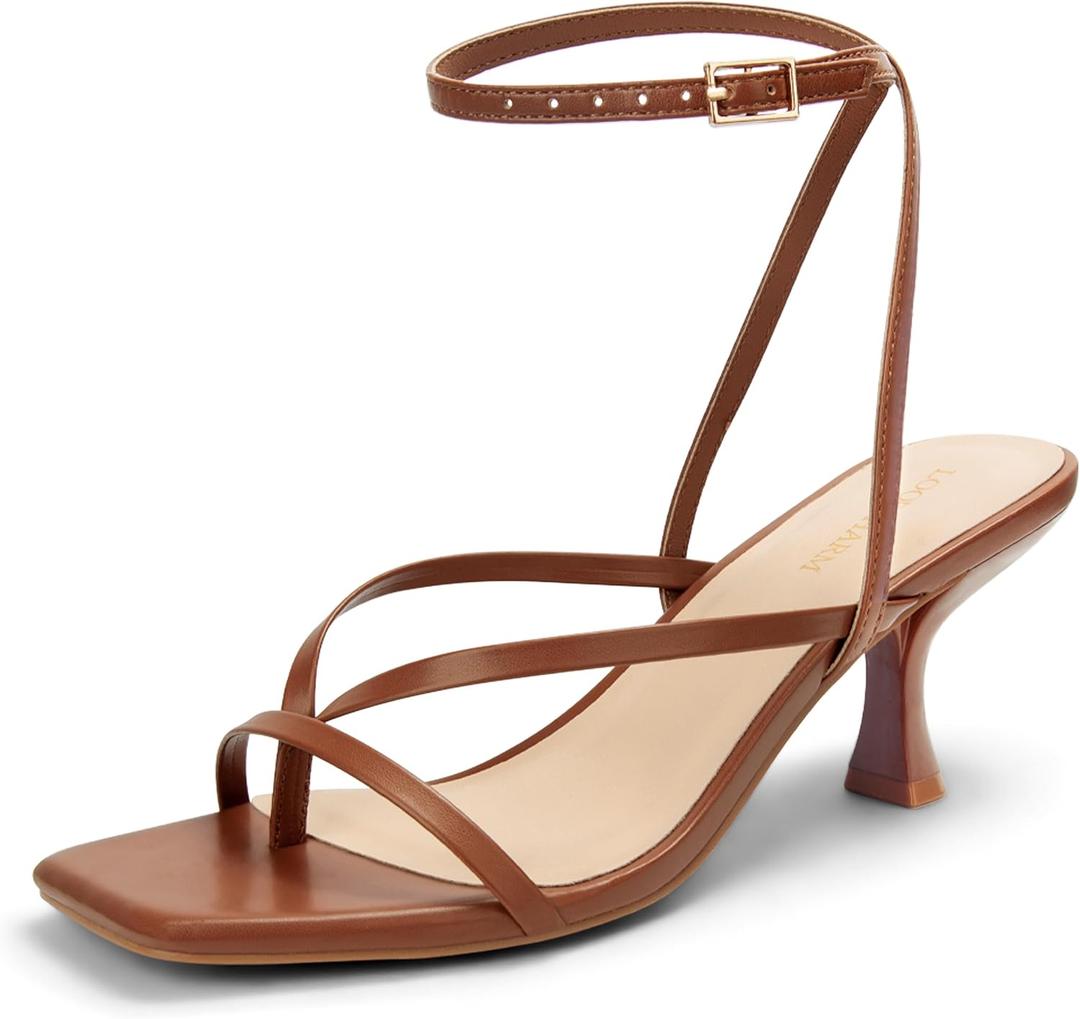 Women's Kitten Heel Strappy Open Square Toe Thong Ankle Strap Heels for Wedding (7, Brown Pu)