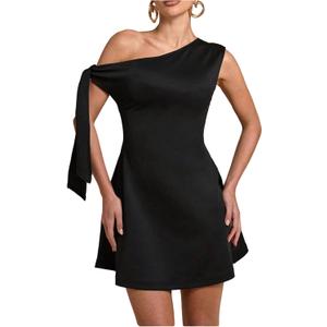 Floerns Women's Elegant Off The Shoulder Mini Dress Tie Side Sleeveless Formal A Line Dresses Black Solid Pure Small