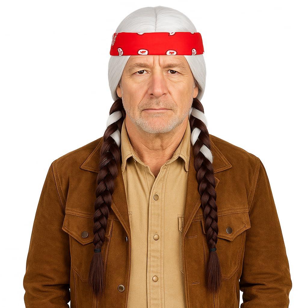 Probeauty Silver White ombre Brown Braids Wig for Men, Long Braided Wigs with Red Scarf for Halloween Costume Cosplay Party