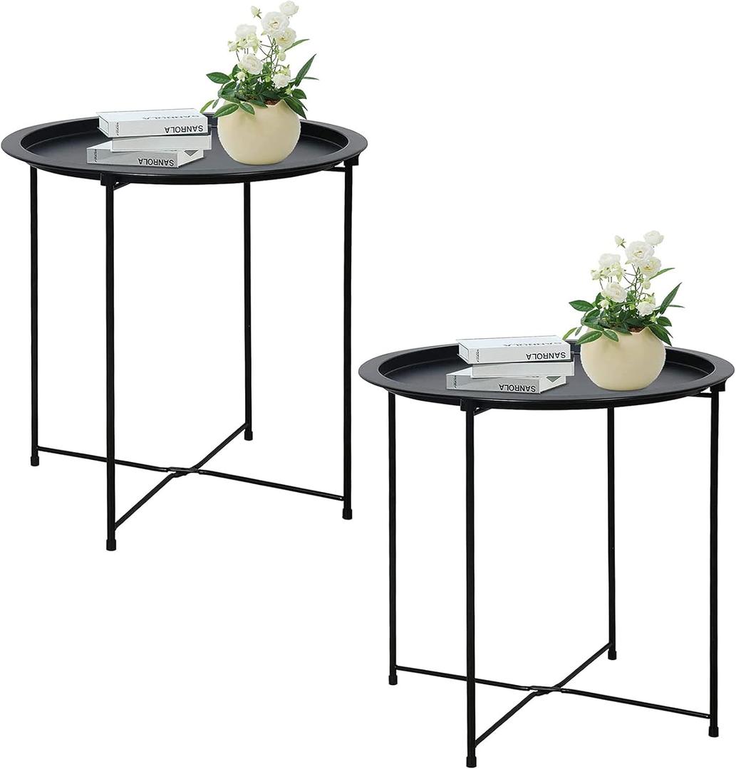 Garden 4 you End Table Set of 2, Outdoor Side Table, Small Patio Table Metal Side Table, Round Folding Side Table, for Outdoor and Living Room,Black